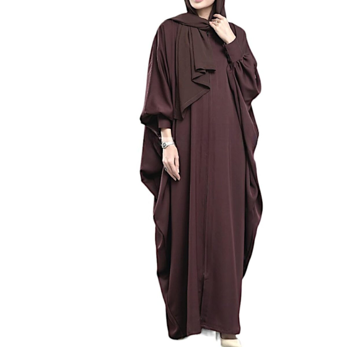 Bashariya HIGH RTN Free Size Kaftan Abaya with Zippered Yoke & Matching Hijab in Firdaus Fabric – Modest Islamic Wear Dress for Women.(Brown)