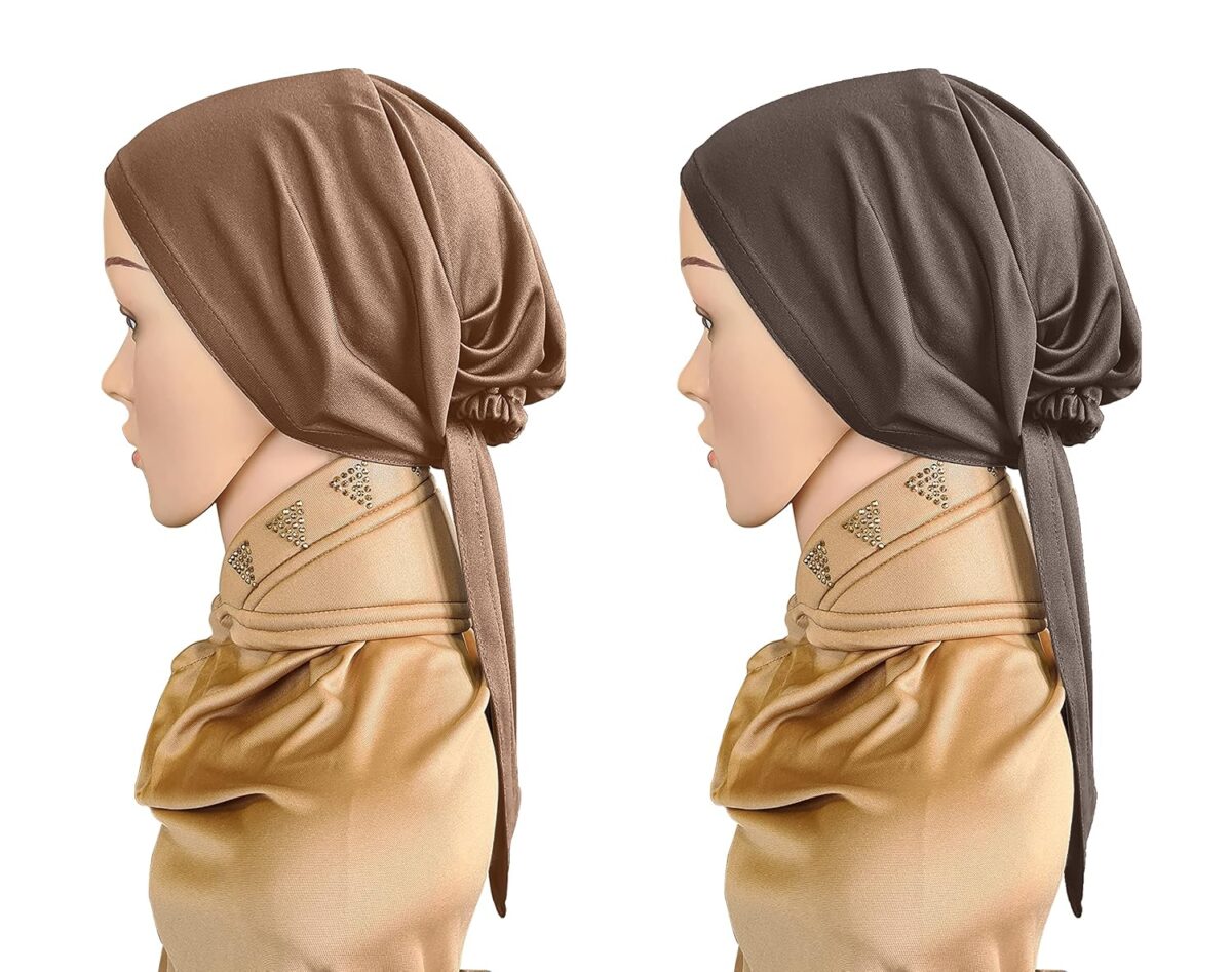 Mehar Women’s Hair Ponytail Cap Set of 2 | Soft Stretchable Polyester Hijab Inner Cap | Adjustable Tie-Back | Scarf & Helmet Inner | One Size Fits All