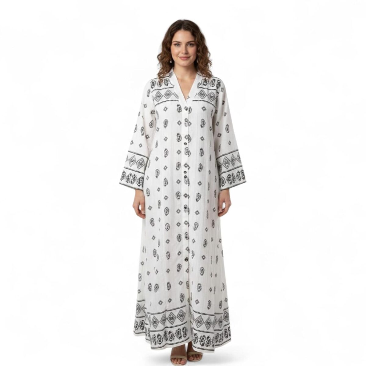 Women’s Graphics Print Maxi Dress, Black and White Graphic Printed Abaya, Long Sleeve, Collared Shirt Style, Modest Islamic Abaya