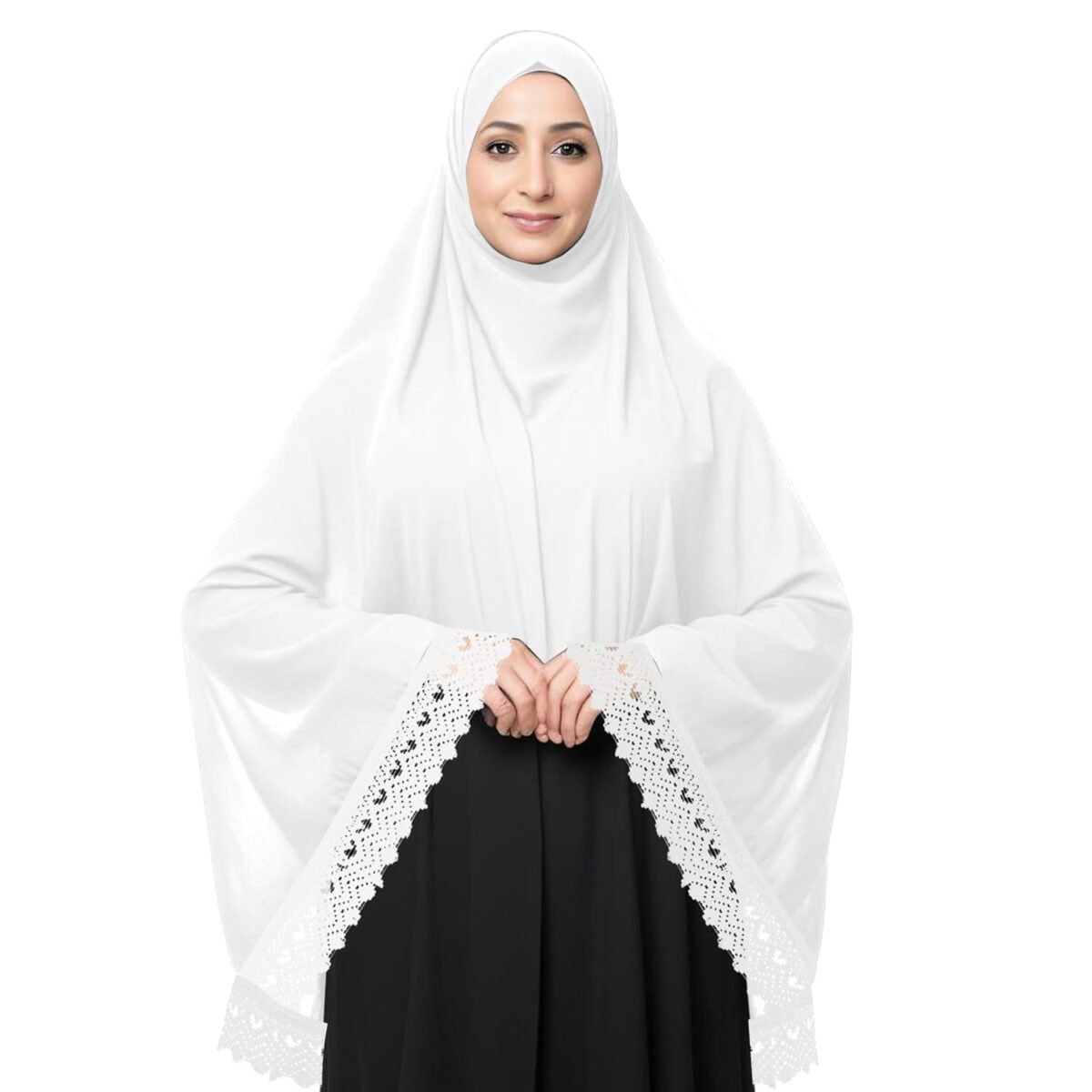 Women’s Islamic Prayer Khimar, Black Namaz Scarf with Lace Detail, Full Coverage Hijab