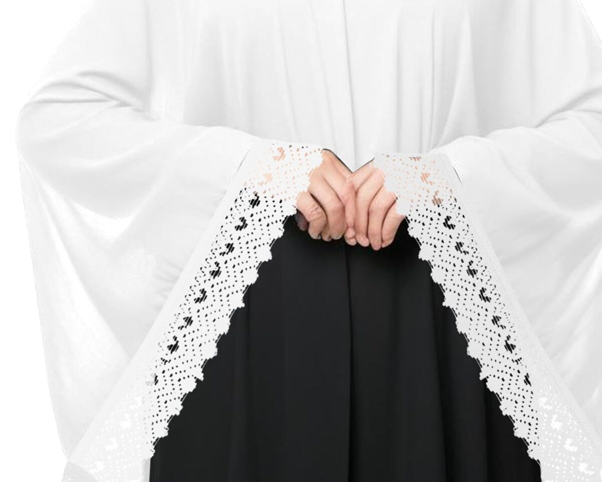 Women’s Islamic Prayer Khimar, Black Namaz Scarf with Lace Detail, Full Coverage Hijab