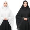 Women’s Islamic Prayer Khimar, Black Namaz Scarf with Lace Detail, Full Coverage Hijab