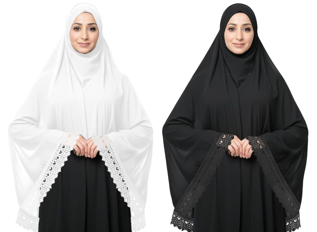 Women’s Islamic Prayer Khimar, Black Namaz Scarf with Lace Detail, Full Coverage Hijab