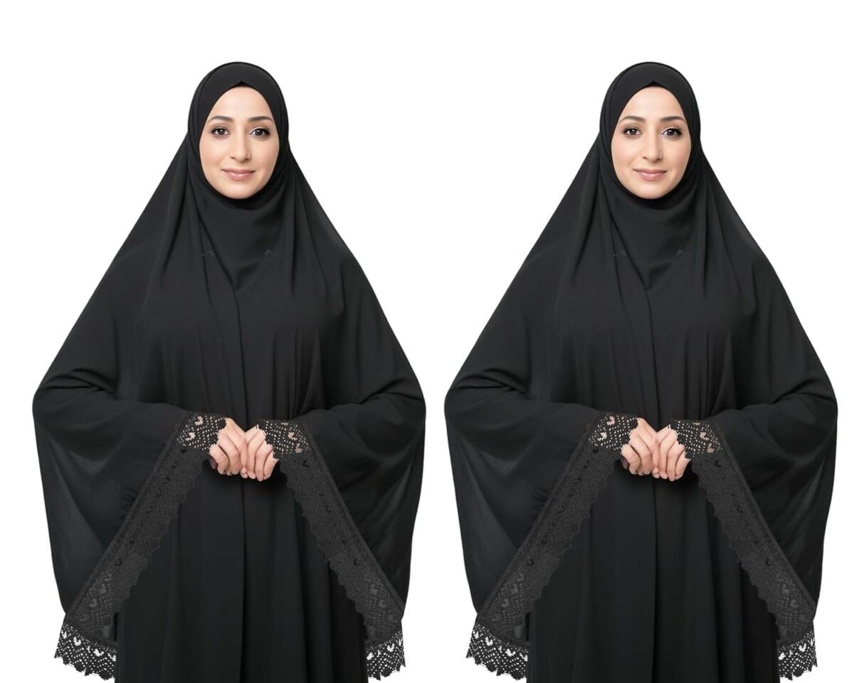 Women’s Islamic Prayer Khimar, Black Namaz Scarf with Lace Detail, Full Coverage Hijab