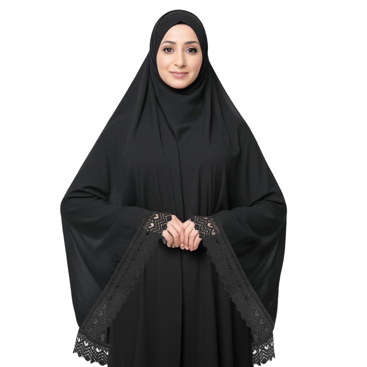 Women’s Islamic Prayer Khimar, Black Namaz Scarf with Lace Detail, Full Coverage Hijab